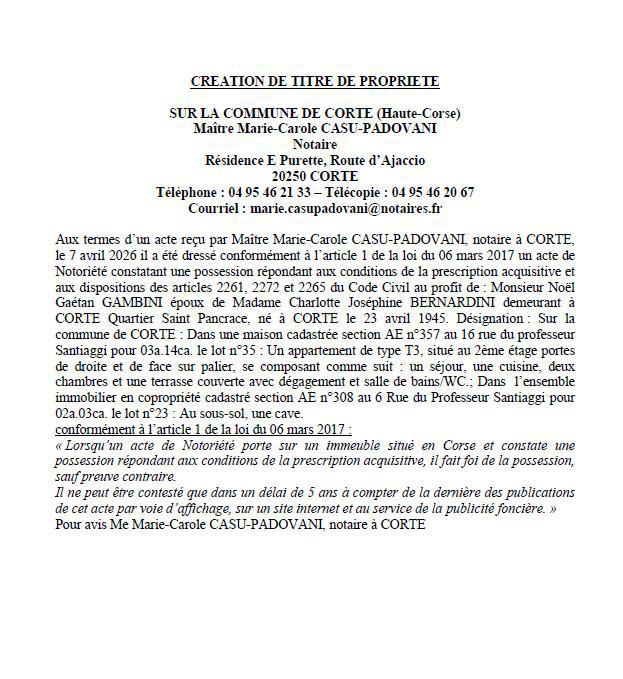 Avis de création de titre de propriété - Commune de Corti (Cismonte)