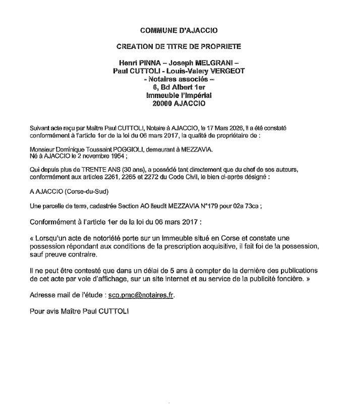 Avis de création de titre de propriété - Commune d'Aiacciu (Pumonti)