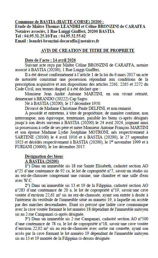 Avis de création de titre de propriété - Commune de Bastia (Cismonte)
