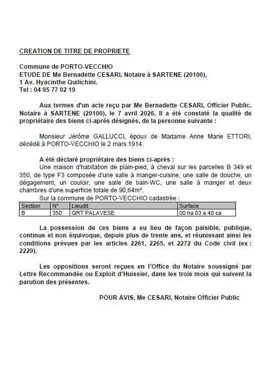 Avis de création de titre de propriété - Commune d'I Peri (Pumonti)