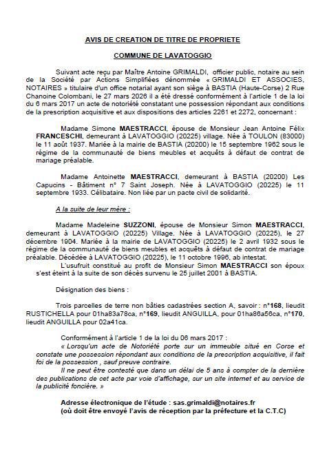 Avis de création de titre de propriété - Commune de Lavatoghju (Cismonte)