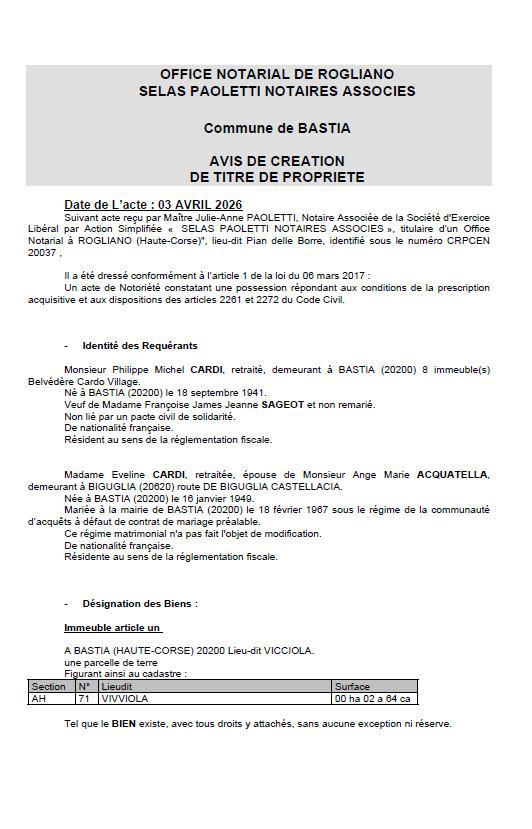Avis de création de titre de propriété - Commune de Bastia (Cismonte)