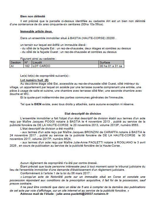 Avis de création de titre de propriété - Commune de Bastia (Cismonte)