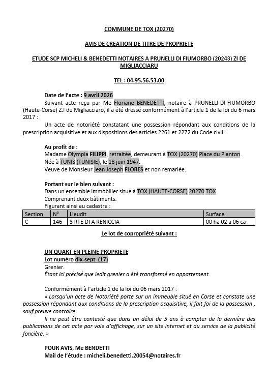 Avis de création de titre de propriété - Commune de Tocchisu (Cismonte)
