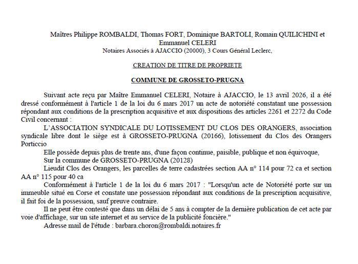 Avis de création de titre de propriété - Commune de Grussetu è Prugna (Pumonti)