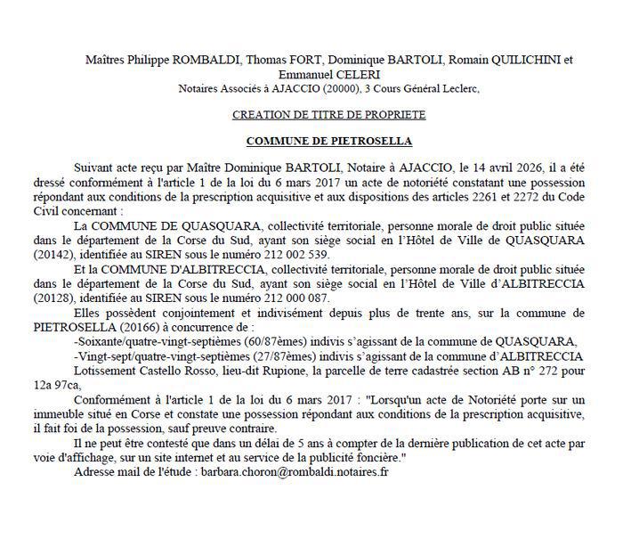 Avis de création de titre de propriété - Commune de Pitrusedda (Pumonti)