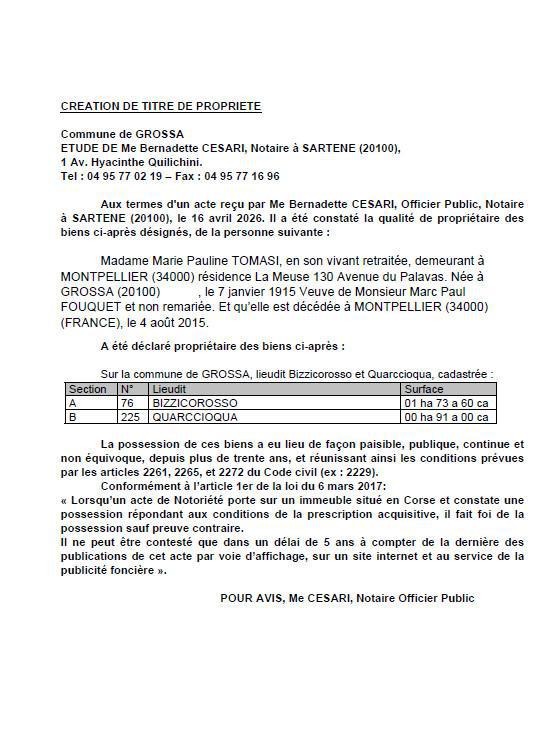 Avis de création de titre de propriété - Commune d'A Grossa (Pumonti)