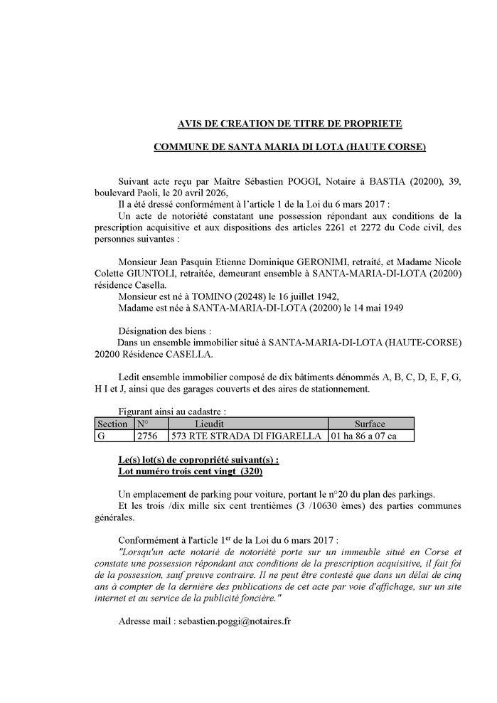 Avis de création de titre de propriété - Commune de Santa Maria di Lota (Cismonte)