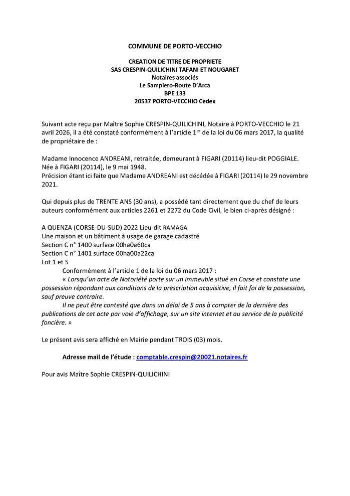 Avis de création de titre de propriété - Commune de Portivechju (Pumonti)