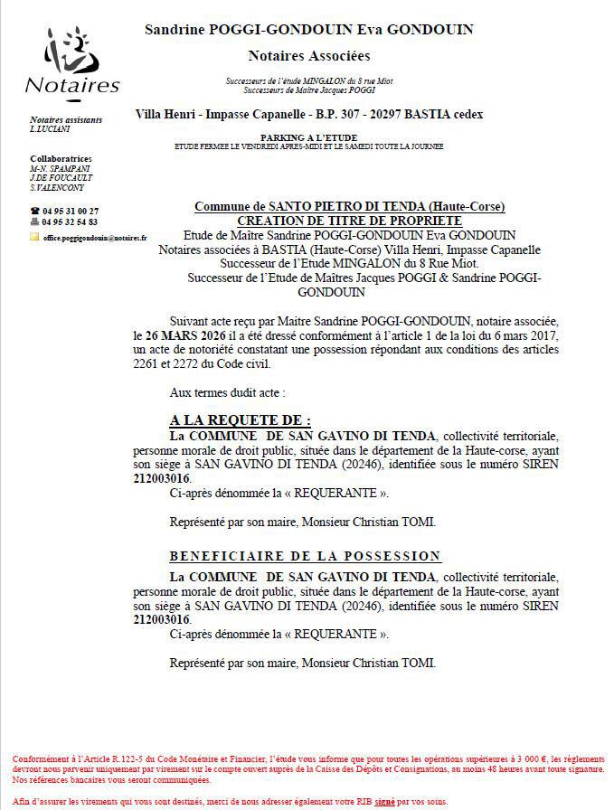 Avis de création de titre de propriété - Commune de Santu Petru di Tenda (Cismonte)