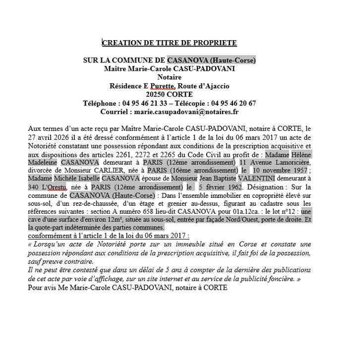 Avis de création de titre de propriété - Commune de Casanova (Cismonte)