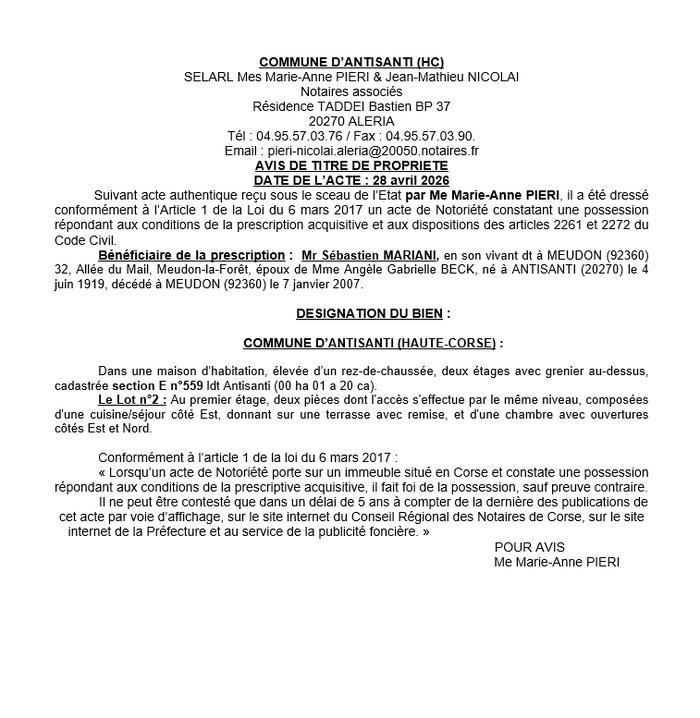 Avis de création de titre de propriété - Commune d'Antisanti (Cismonte)