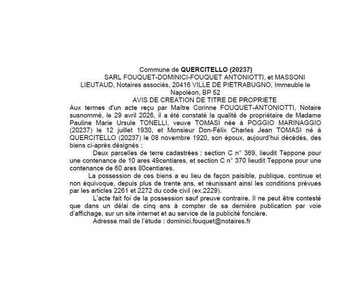 Avis de création de titre de propriété - Commune d'U Quarcitellu (Cismonte)