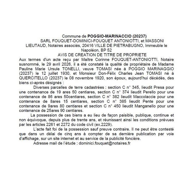 Avis de création de titre de propriété - Commune d'U Poghju Marinacciu (Cismonte)
