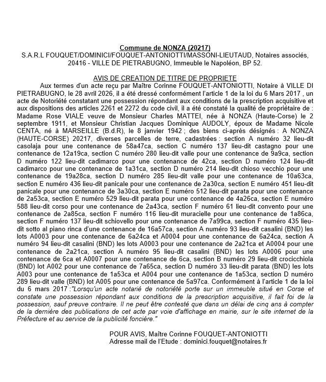 Avis de création de titre de propriété - Commune de Nonza (Cismonte)