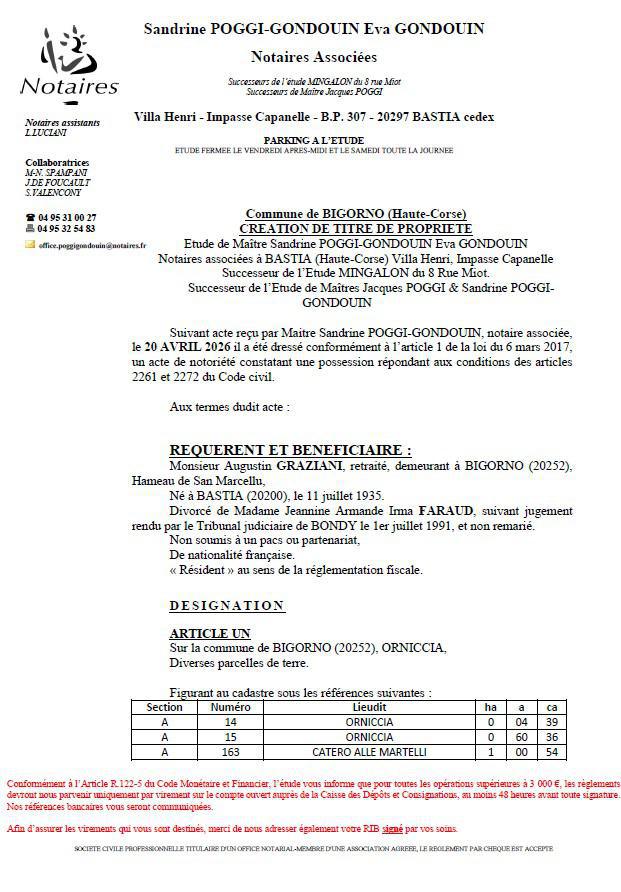 Avis de création de titre de propriété - Commune de Bigornu (Cismonte)