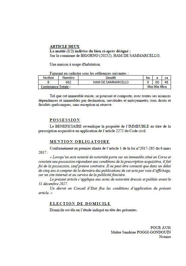Avis de création de titre de propriété - Commune de Bigornu (Cismonte)