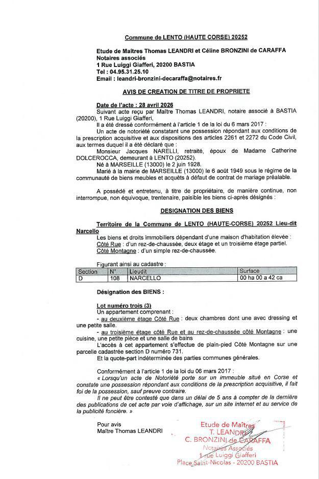 Avis de création de titre de propriété - Commune de Lentu (Cismonte)