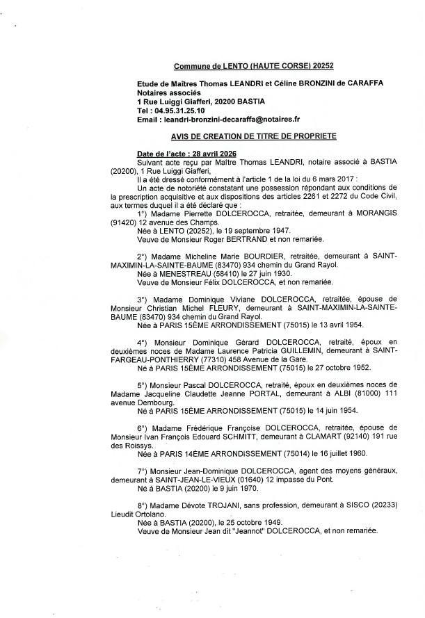Avis de création de titre de propriété - Commune de Lentu (Cismonte)