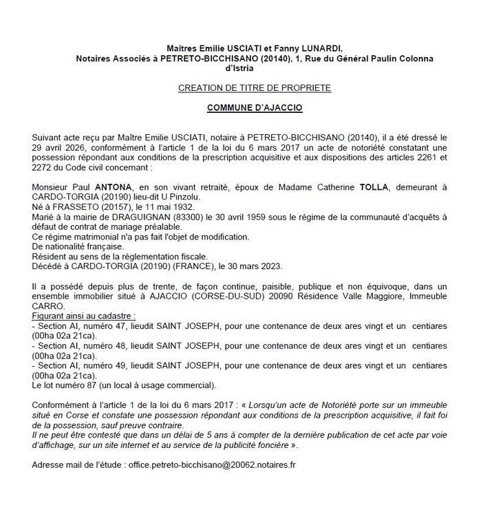 Avis de création de titre de propriété - Commune d'Aiacciu (Pumonti)