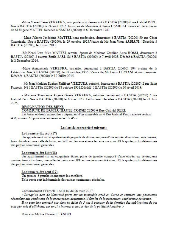 Avis de création de titre de propriété - Commune de Bastia (Cismonte)