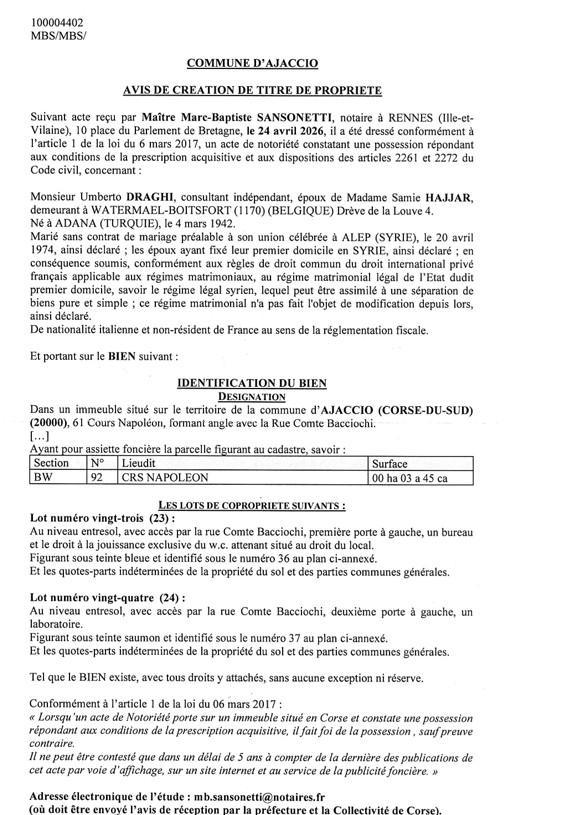 Avis de création de titre de propriété - Commune d'Aiacciu (Pumonti)