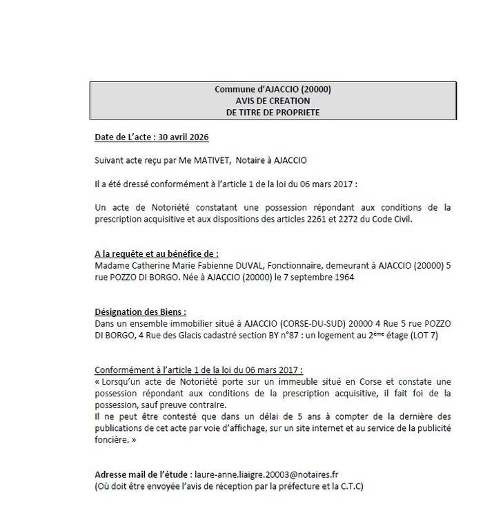 Avis de création de titre de propriété - Commune d'Aiacciu (Pumonti)