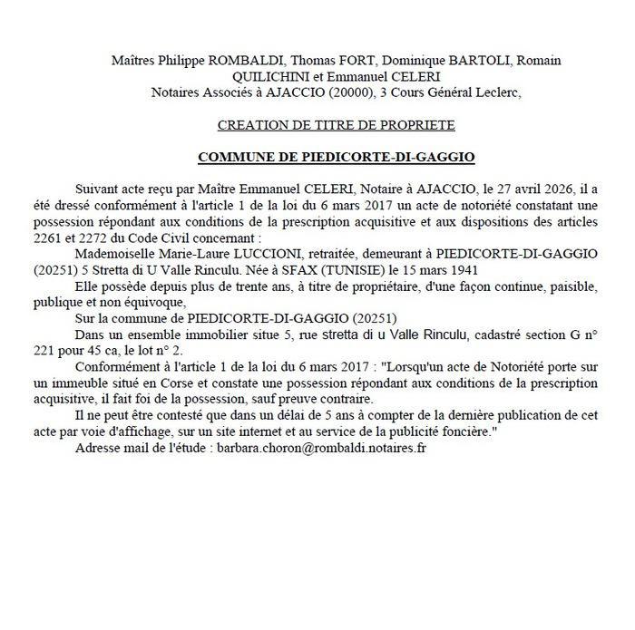 Avis de création de titre de propriété - Commune de Pedicorti di Caghju (Cismonte)