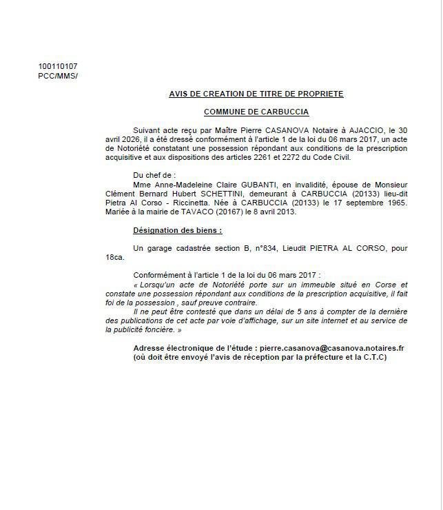 Avis de création de titre de propriété - Commune de Carbuccia (Pumonti)