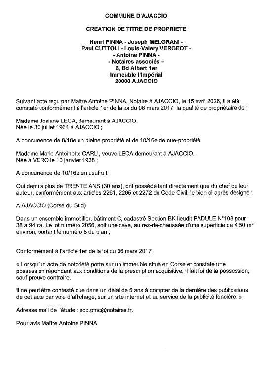 Avis de création de titre de propriété - Commune d'Aiacciu (Pumonti)