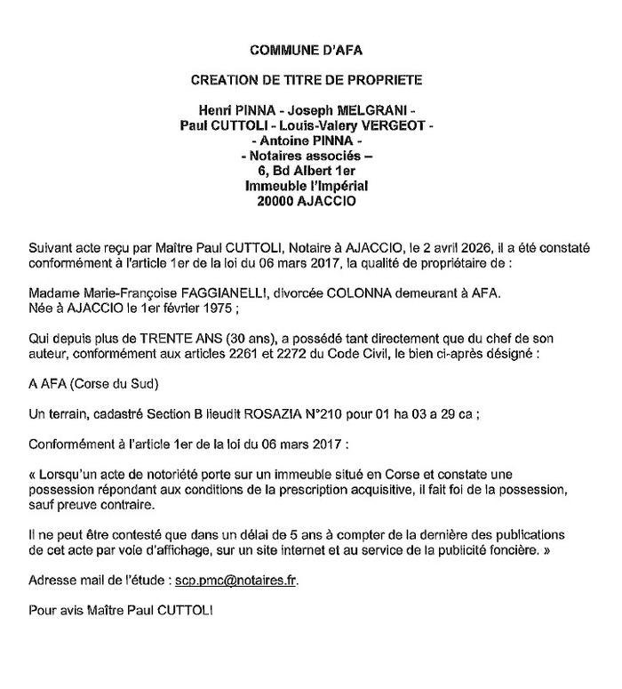 Avis de création de titre de propriété - Commune d'Afà (Pumonti)