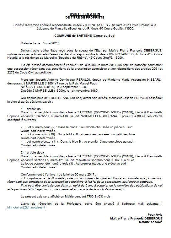 Avis de création de titre de propriété - Commune de Sartè (Pumonti)