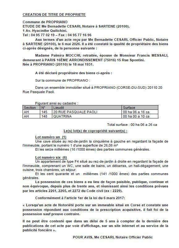 Avis de création de titre de propriété - Commune de Prupià (Pumonti)