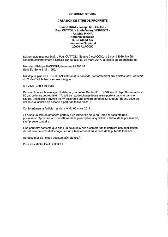 Avis de création de titre de propriété - Commune d'Evisa (Pumonti)