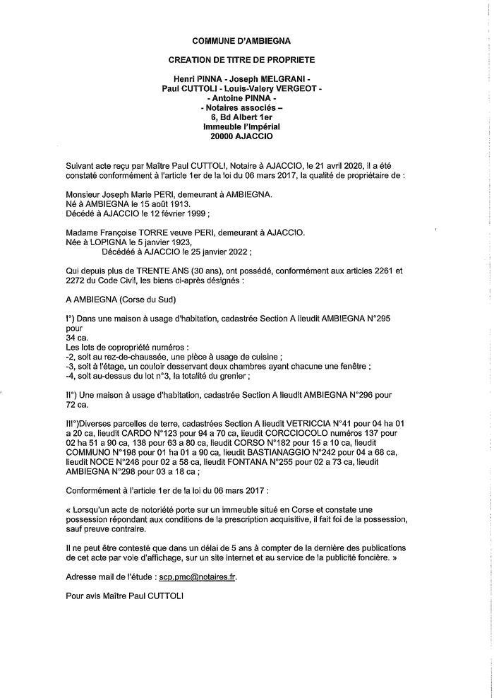 Avis de création de titre de propriété - Commune d'Ambiegna (Pumonti)