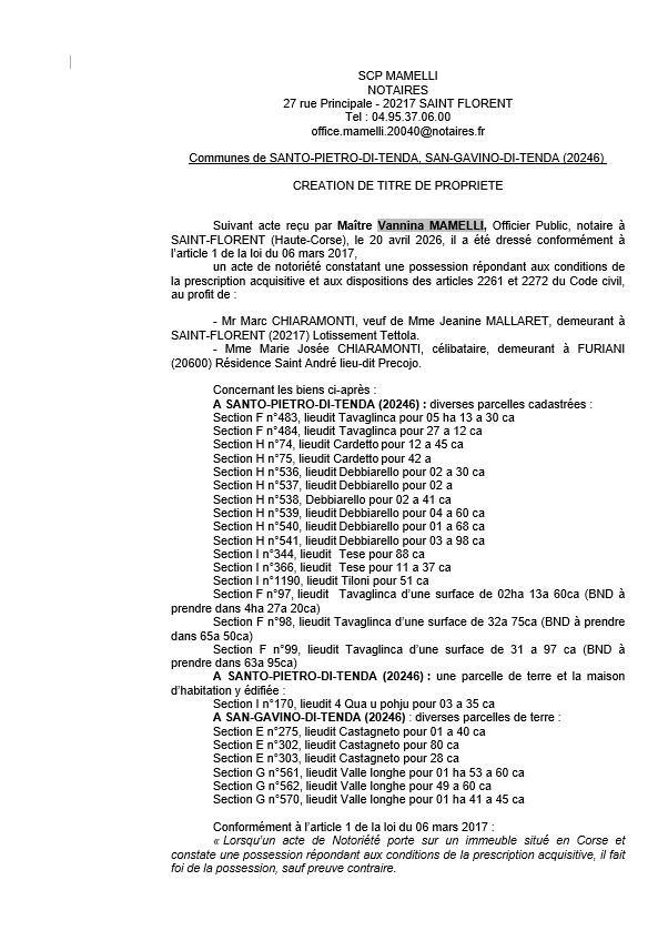 Avis de création de titre de propriété - Communes de Santu Petru di Tenda et San Gavinu di Tenda (Cismonte)