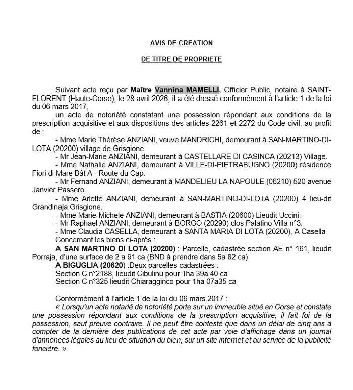 Avis de création de titre de propriété - Communes de San Martinu di Lota et Biguglia (Cismonte)