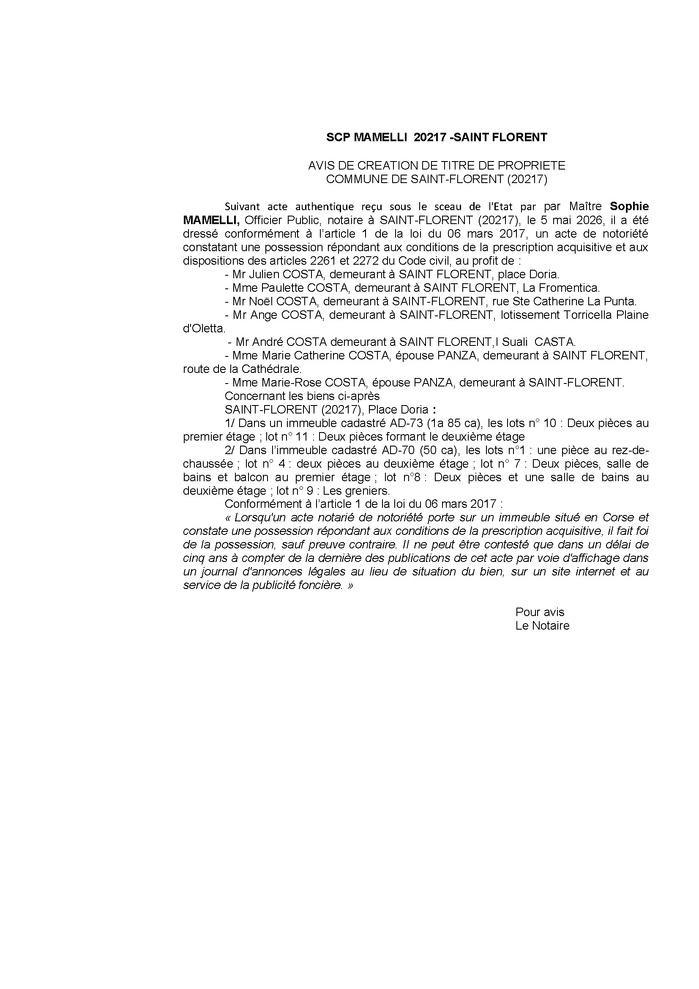 Avis de création de titre de propriété - Commune de San Fiurenzu (Cismonte)