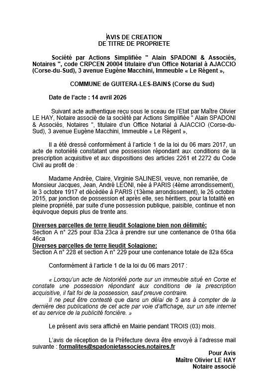 Avis de création de titre de propriété - Commune d'A Vuttera (Pumonti)