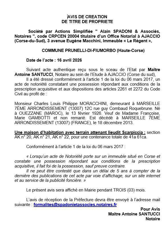Avis de création de titre de propriété - Commune d'I Prunelli di Fiumorbu (Cismonte)