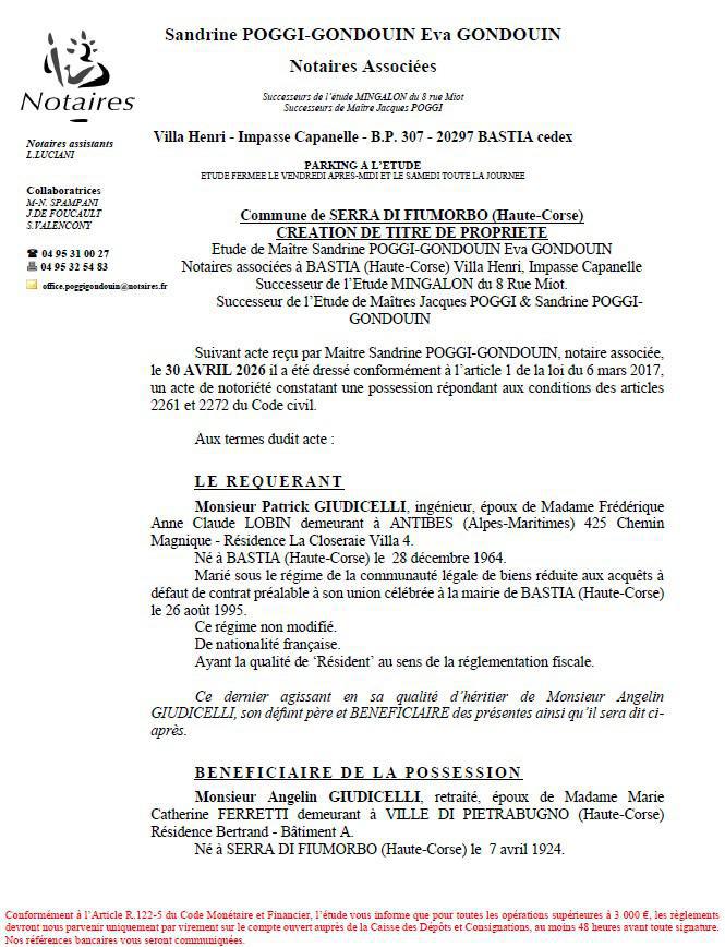 Avis de création de titre de propriété - Commune de Serra di Fiumorbu (Cismonte)