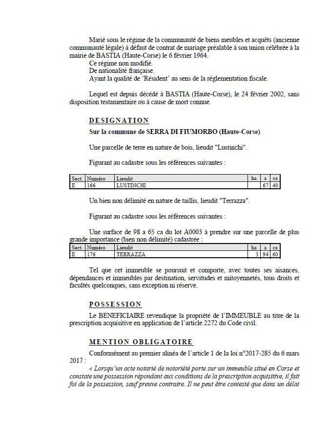Avis de création de titre de propriété - Commune de Serra di Fiumorbu (Cismonte)