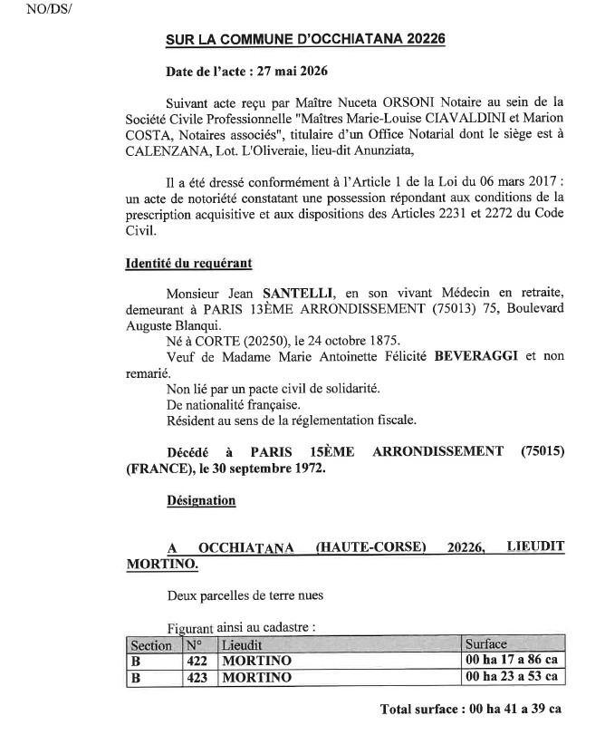Avis de création de titre de propriété - Commune d'Ochjatana (Cismonte)