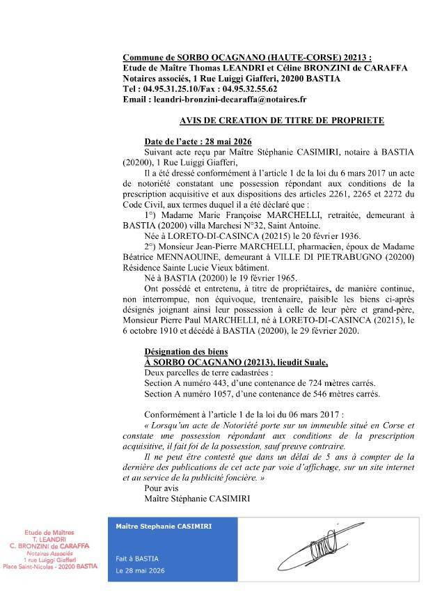 Avis de création de titre de propriété - Commune de Sorbu è Ocagnanu (Cismonte)