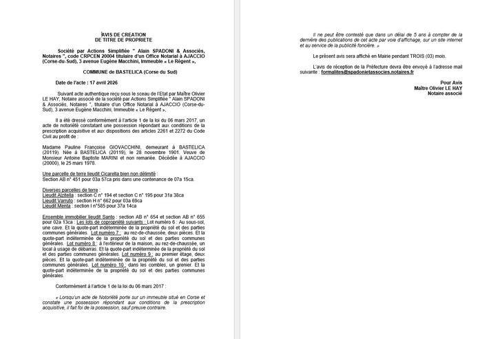 Avis de création de titre de propriété - Commune de Bastelica (Pumonti)