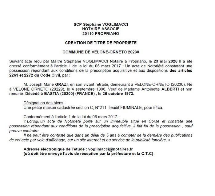 Avis de création de titre de propriété - Commune de Vilone è Ornetu (Cismonte)