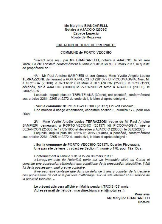 Avis de création de titre de propriété - Commune de Portivechju (Pumonti)