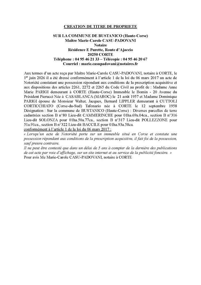 Avis de création de titre de propriété - Commune de Bustanicu (Cismonte)