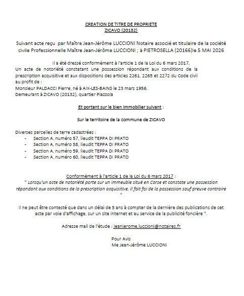 Avis de création de titre de propriété - Commune de Zicavu (Pumonti)