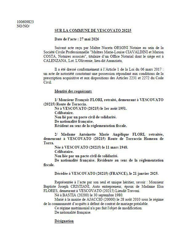 Avis de création de titre de propriété - Commune d'U Viscuvatu (Cismonte)